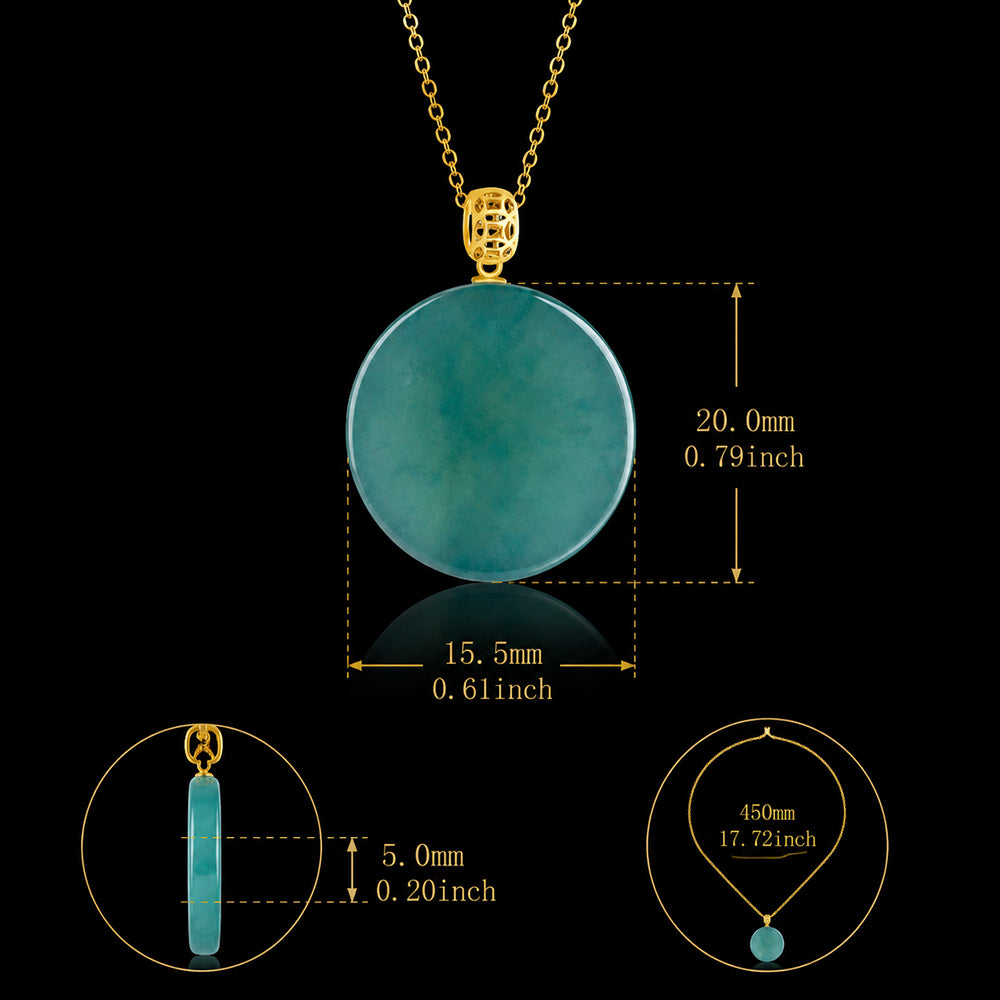 Natural Blue Green Jadeite Round Pendant Necklace 18K Gold Bail S925 Silver Chain