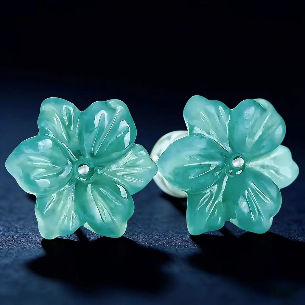 Jadeite Orchid Stud Earrings – Natural Blue Jade Flower Jewelry