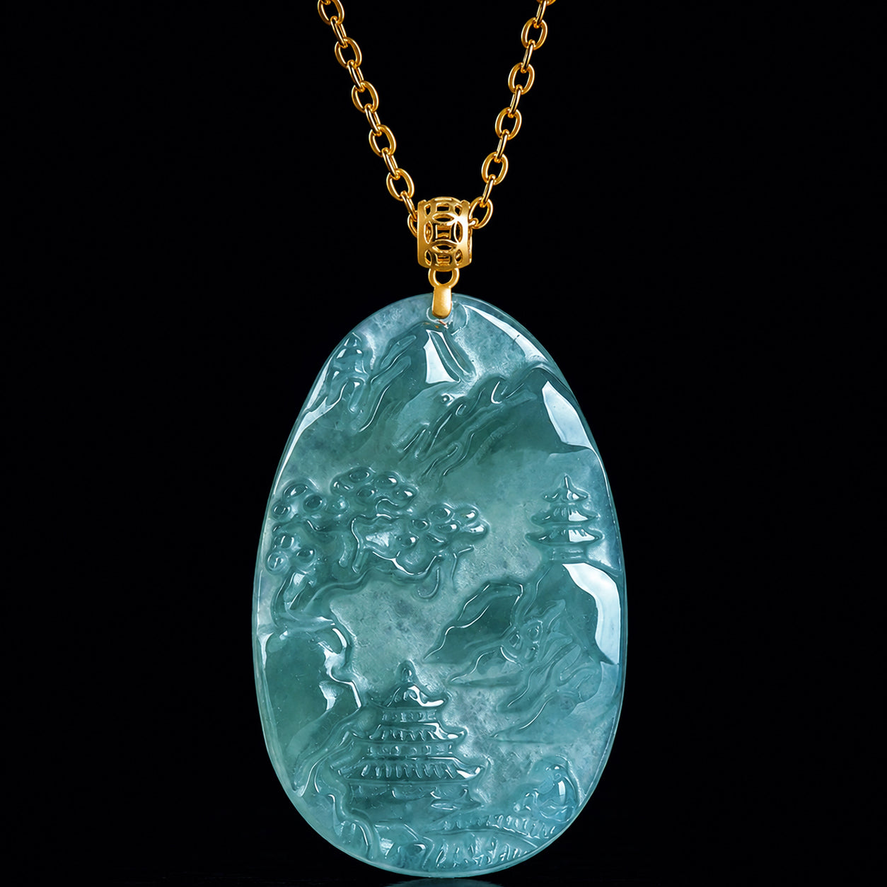 Real Blue Jadeite Landscape Plaque Pendant Necklace – 925 Silver 45CM, 18K Gold Clasp