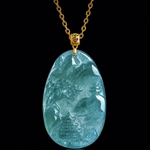Blue green jadeite landscape pendant necklace with gold chain