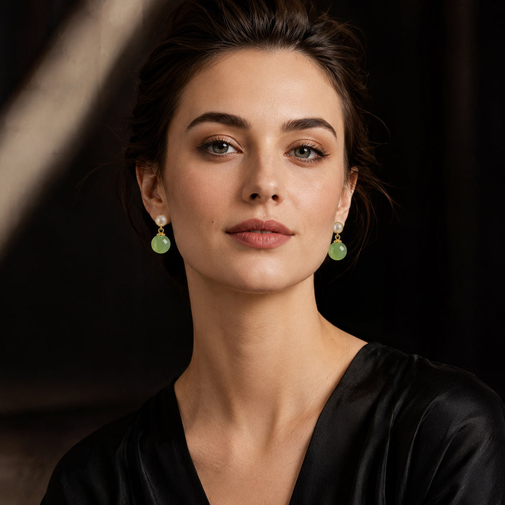 Natural Pale Yellow-Green Jade Bead Drop Earrings