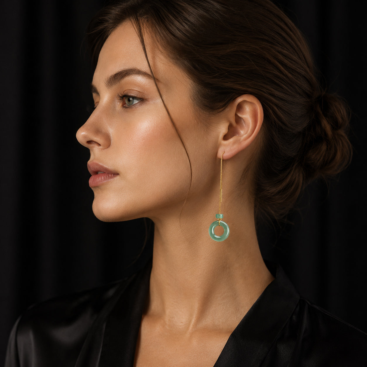 Green Jade Threader Earrings with Donut Charms