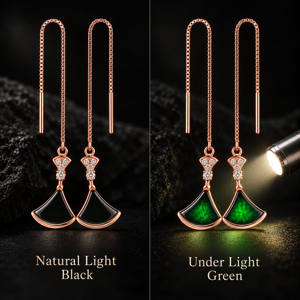 Natural Black Jadeite Threader Earrings in S925 Sterling Silver