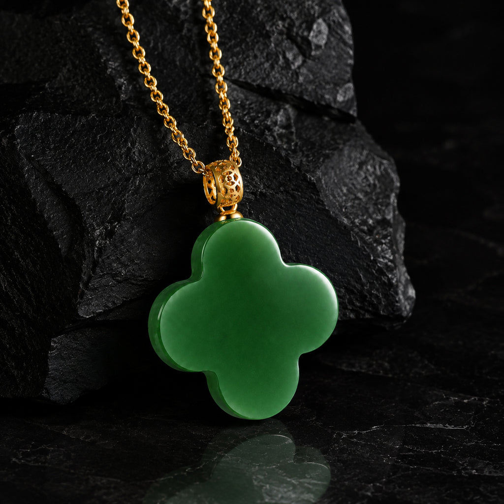 Real Green Jade Four-Leaf Clover Pendant Necklace – 925 Silver Chain 46CM with 18K Gold Clasp, Lucky Jewelry