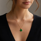 Real Green Jade Four-Leaf Clover Pendant Necklace – 925 Silver Chain 46CM with 18K Gold Clasp, Lucky Jewelry