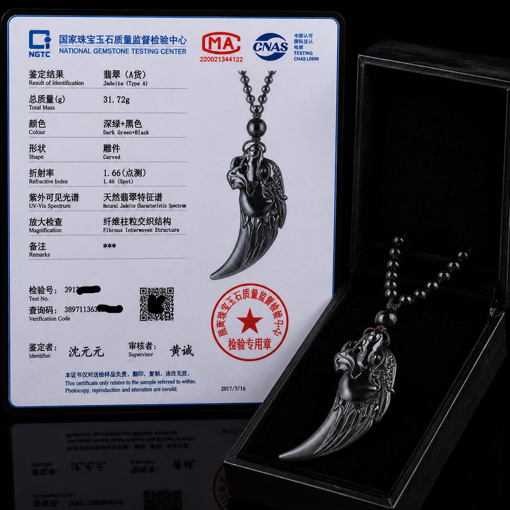 Natural Black Jadeite Dragon Fang Pendant Necklace for Men