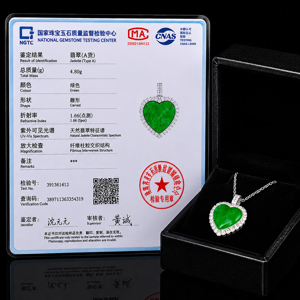 Natural Green Jadeite Heart Pendant Necklace S925 Silver Chain