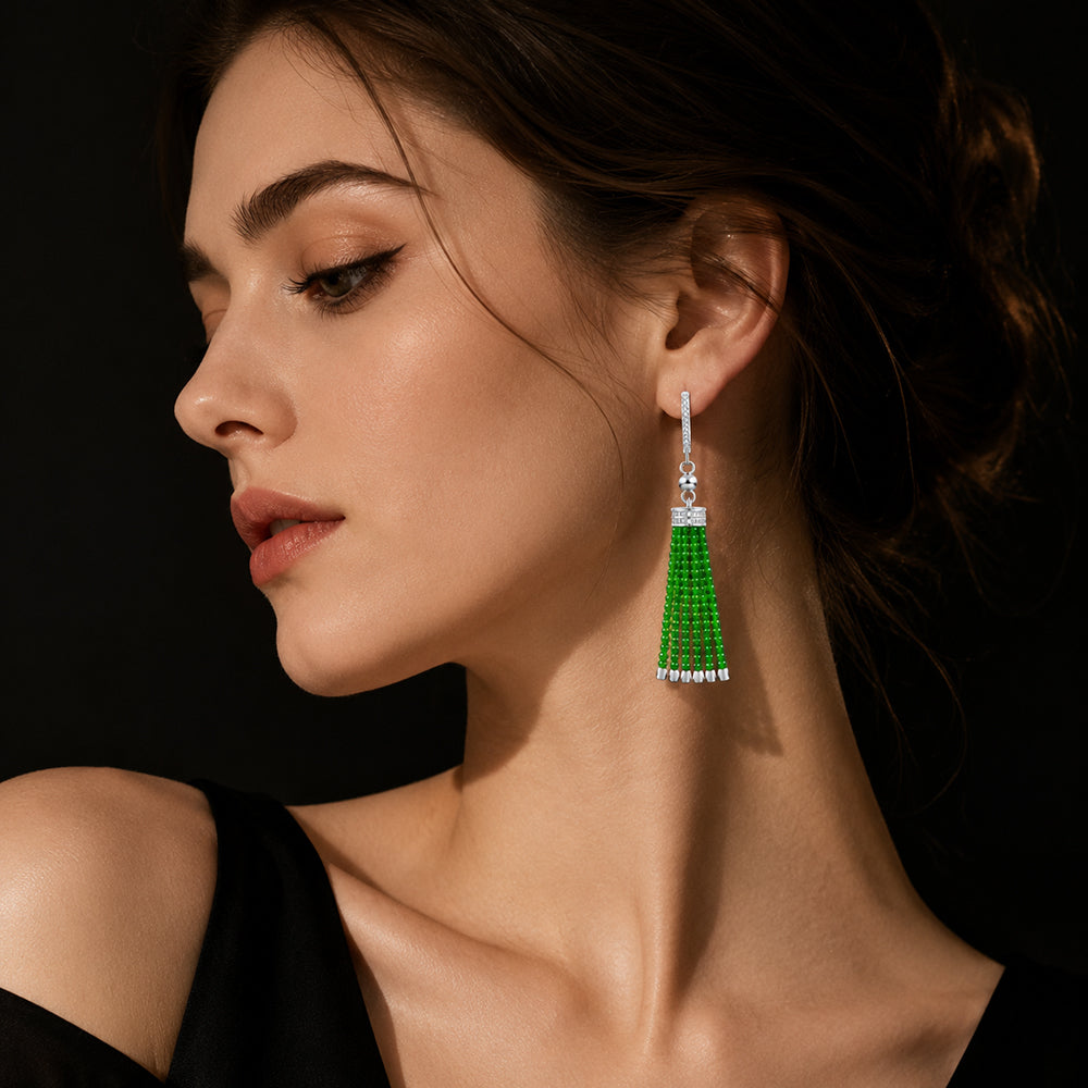 Natural Green Jadeite Tassel Earrings in S925 Silver for Women