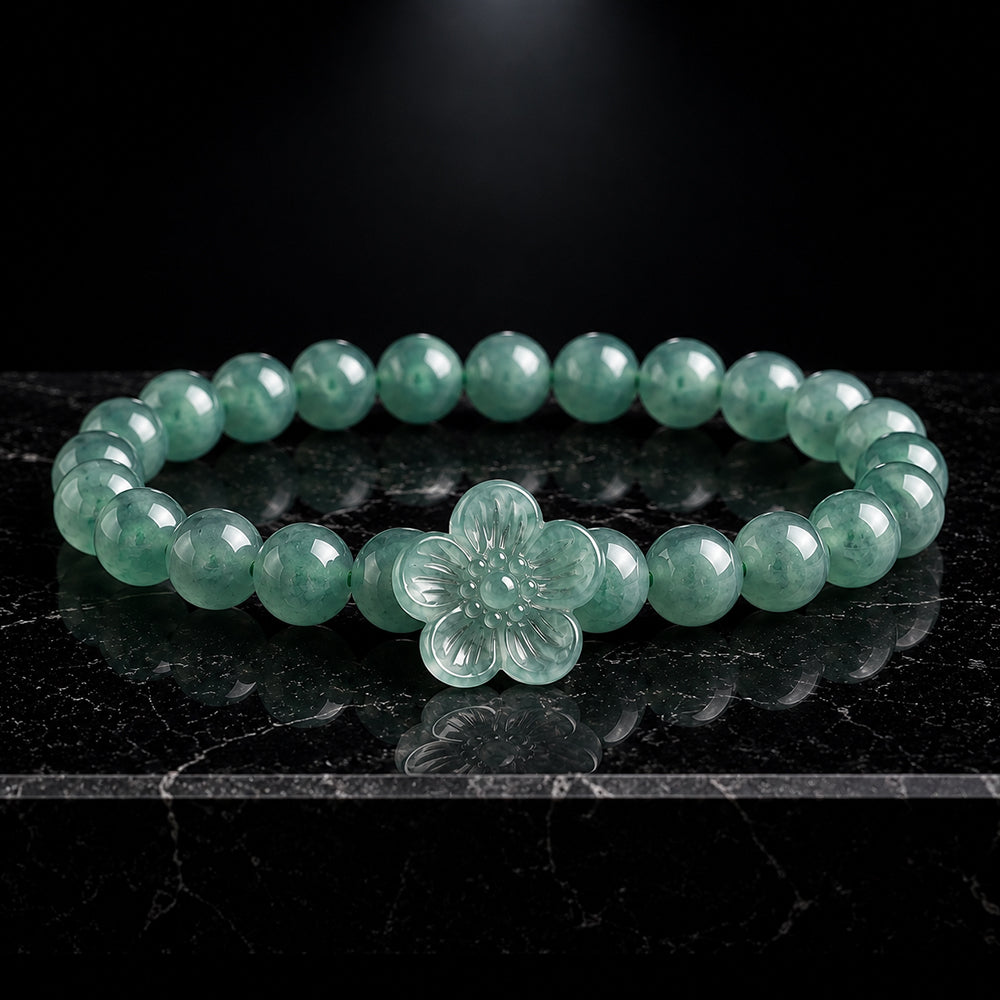 Blue-Green Jadeite Flower Bead Bracelet for Women