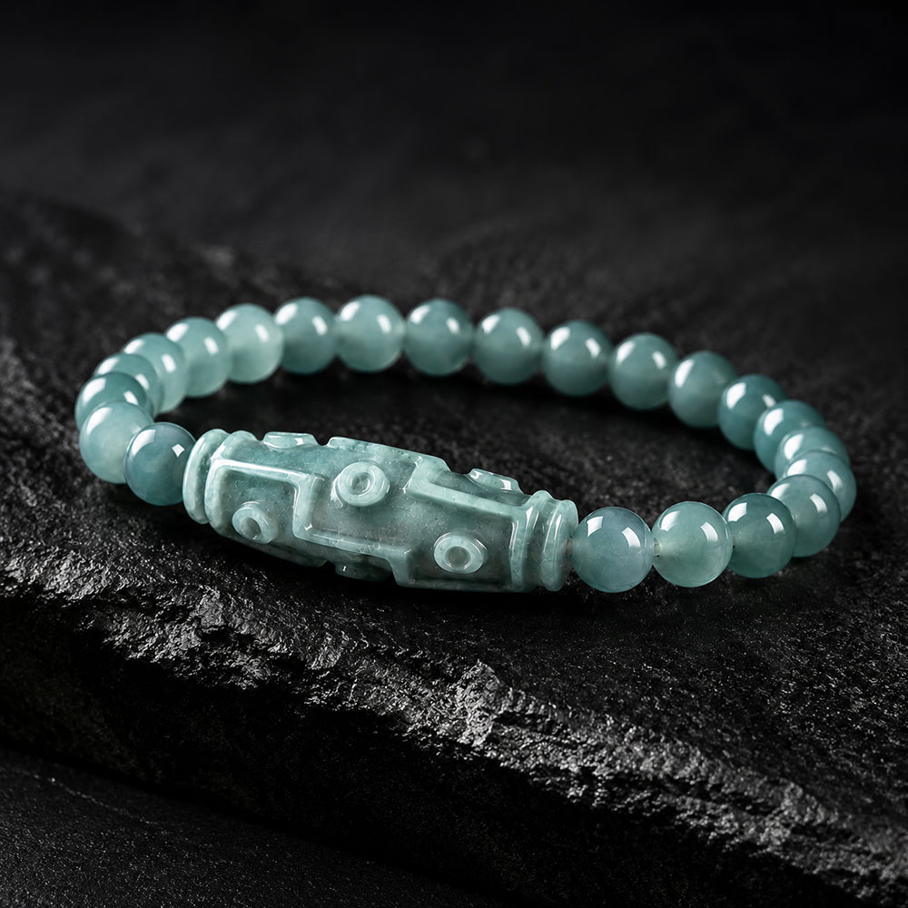 Blue Jadeite Carved Nine-Eyed Dzi Bead Bracelet