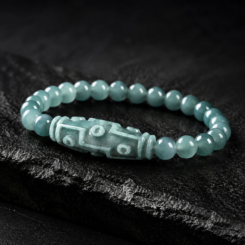 Blue Jadeite Carved Nine-Eyed Dzi Bead Bracelet