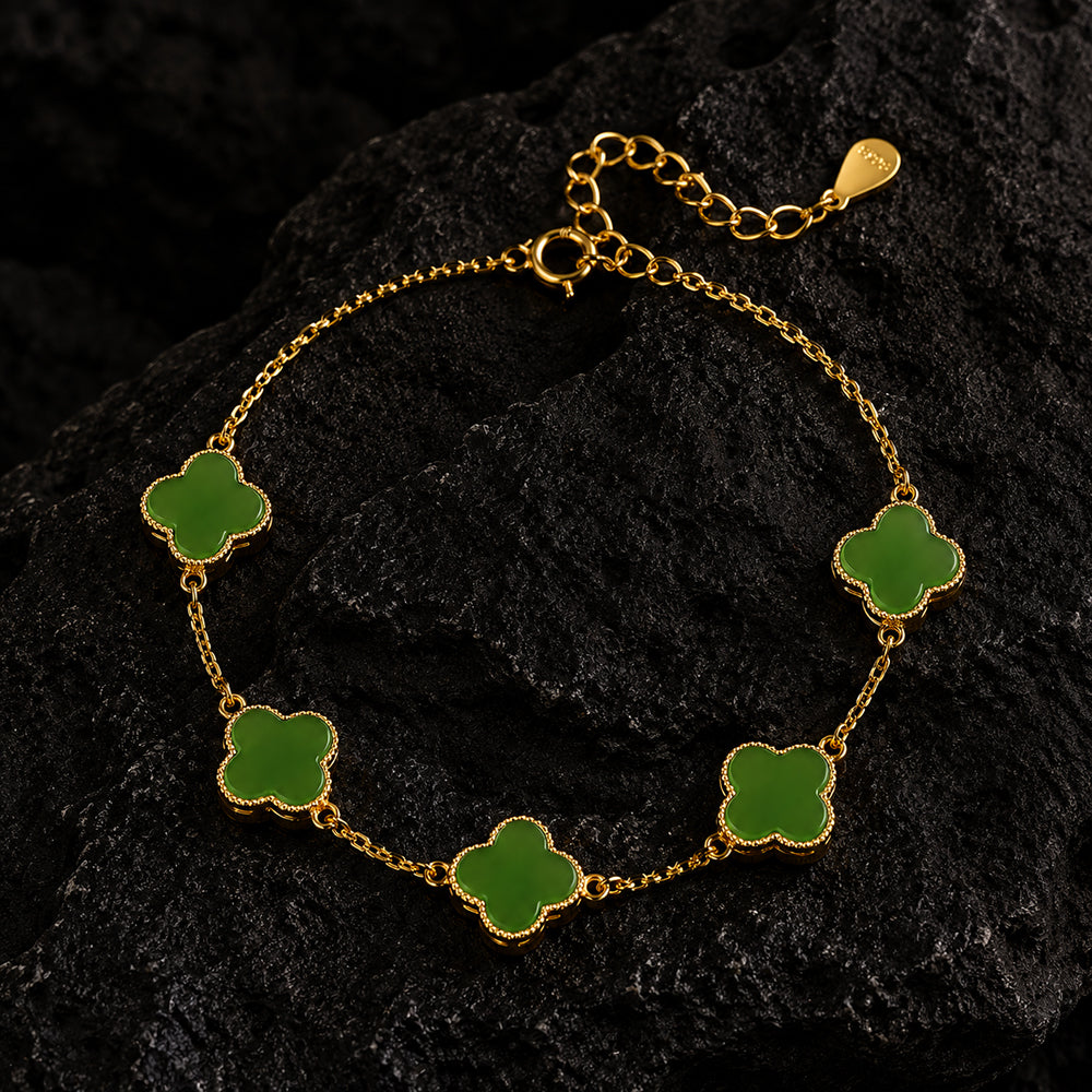 Five Clover Green Jade Bracelet in Gold-Plated S925 Silver