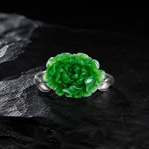 Carved Lotus Green Nephrite Jade Ring, S925