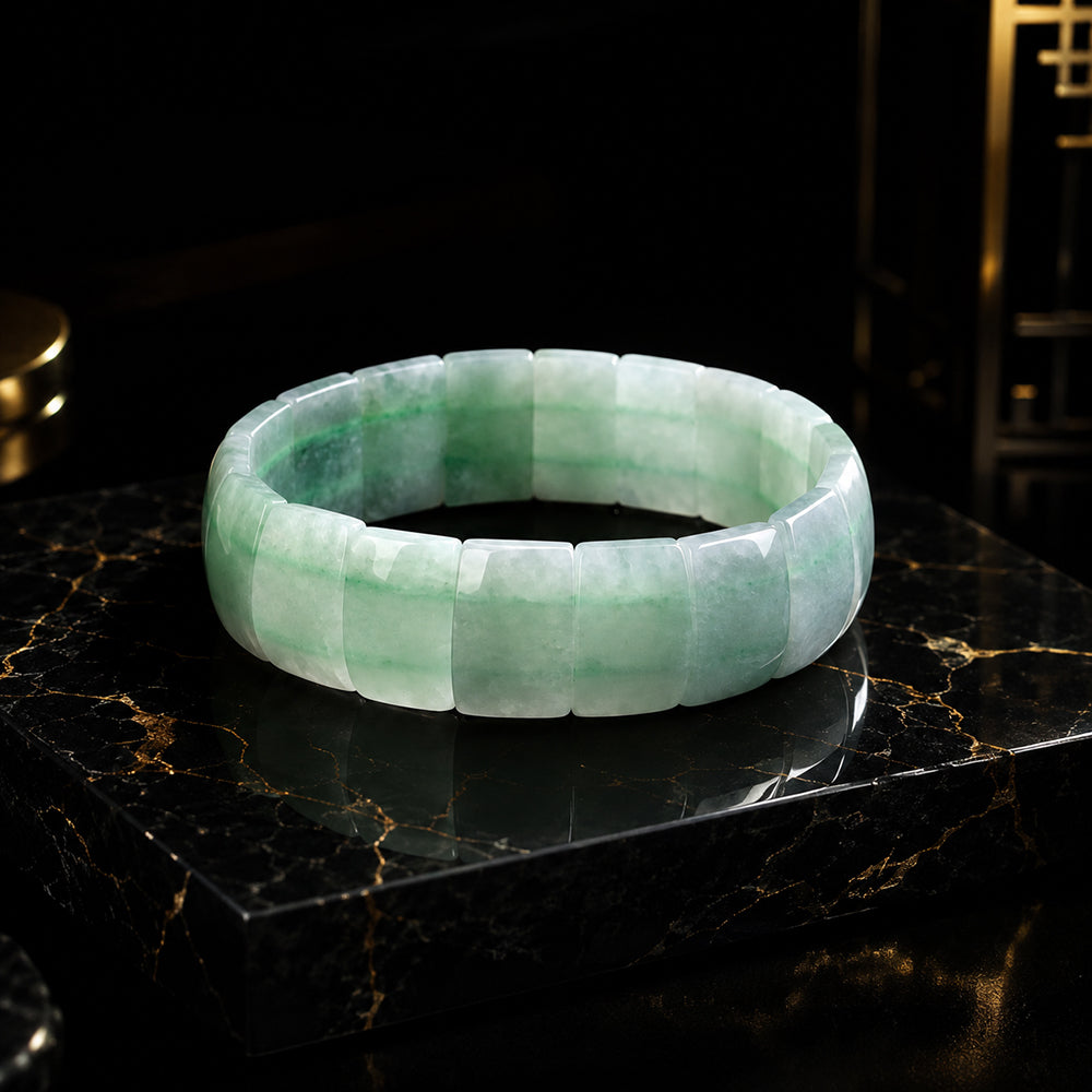 Green White Jadeite Fortune Plaque Bracelet