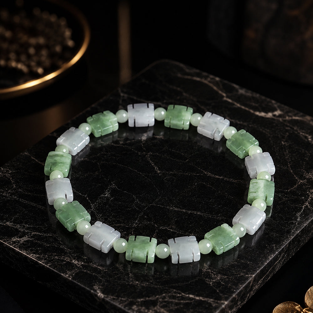 Green White Jadeite Auspicious Motif Bracelet for Women