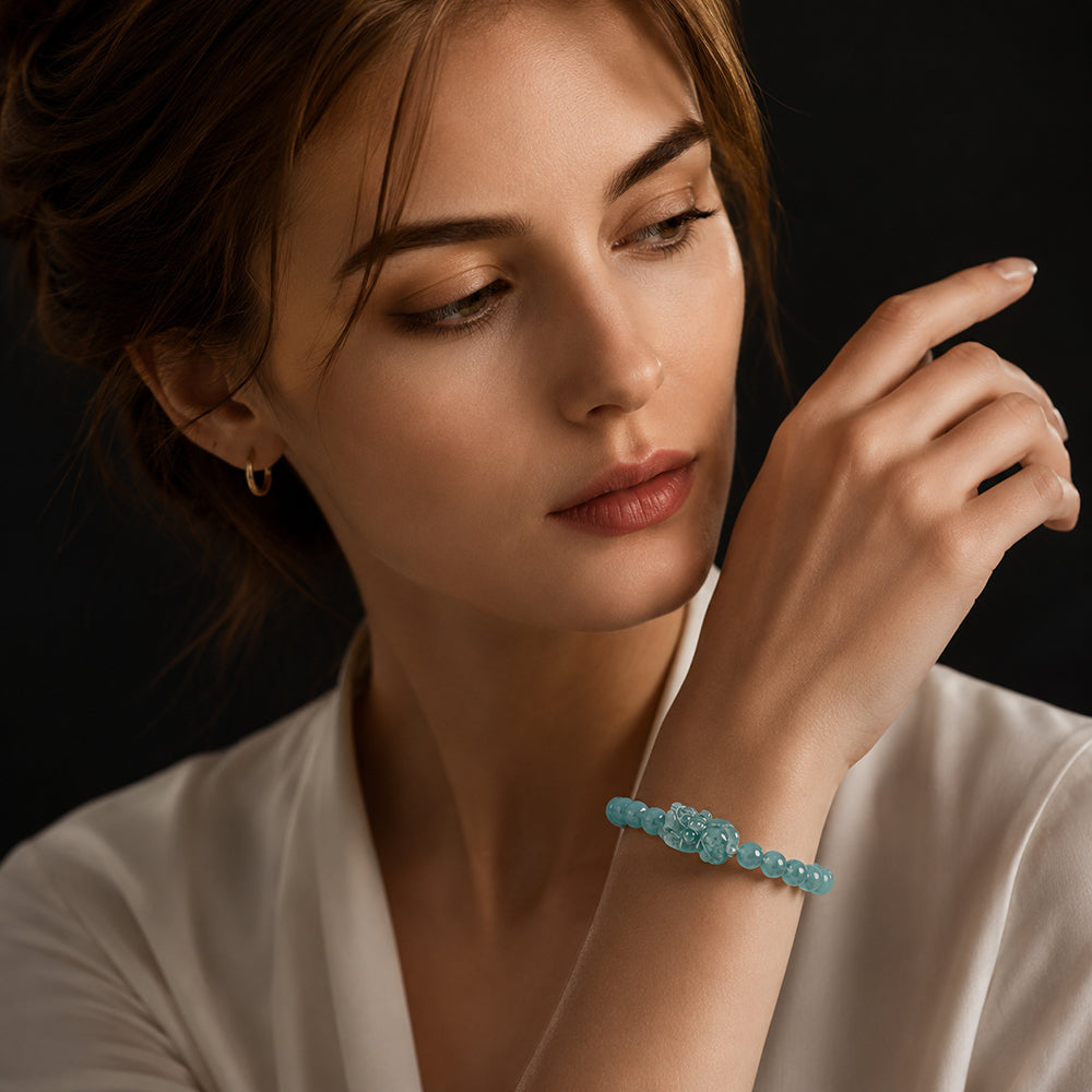 Icy Blue-Green Jadeite Pixiu Bead Bracelet