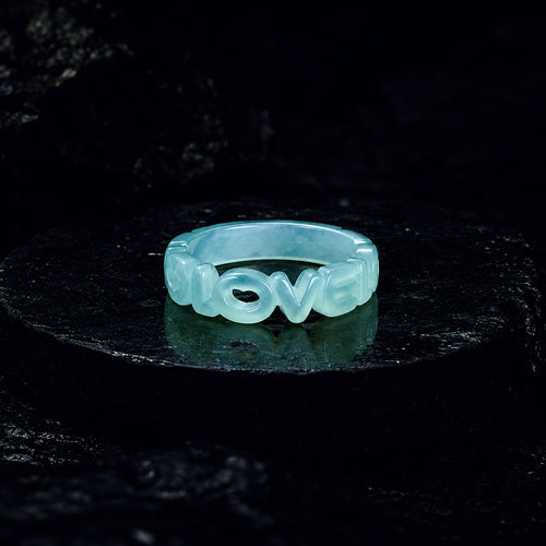Carved LOVE Icy Blue-Green Jadeite Jade Ring