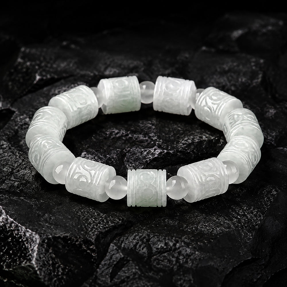 Pale Green Carved Jade Barrel Bracelet
