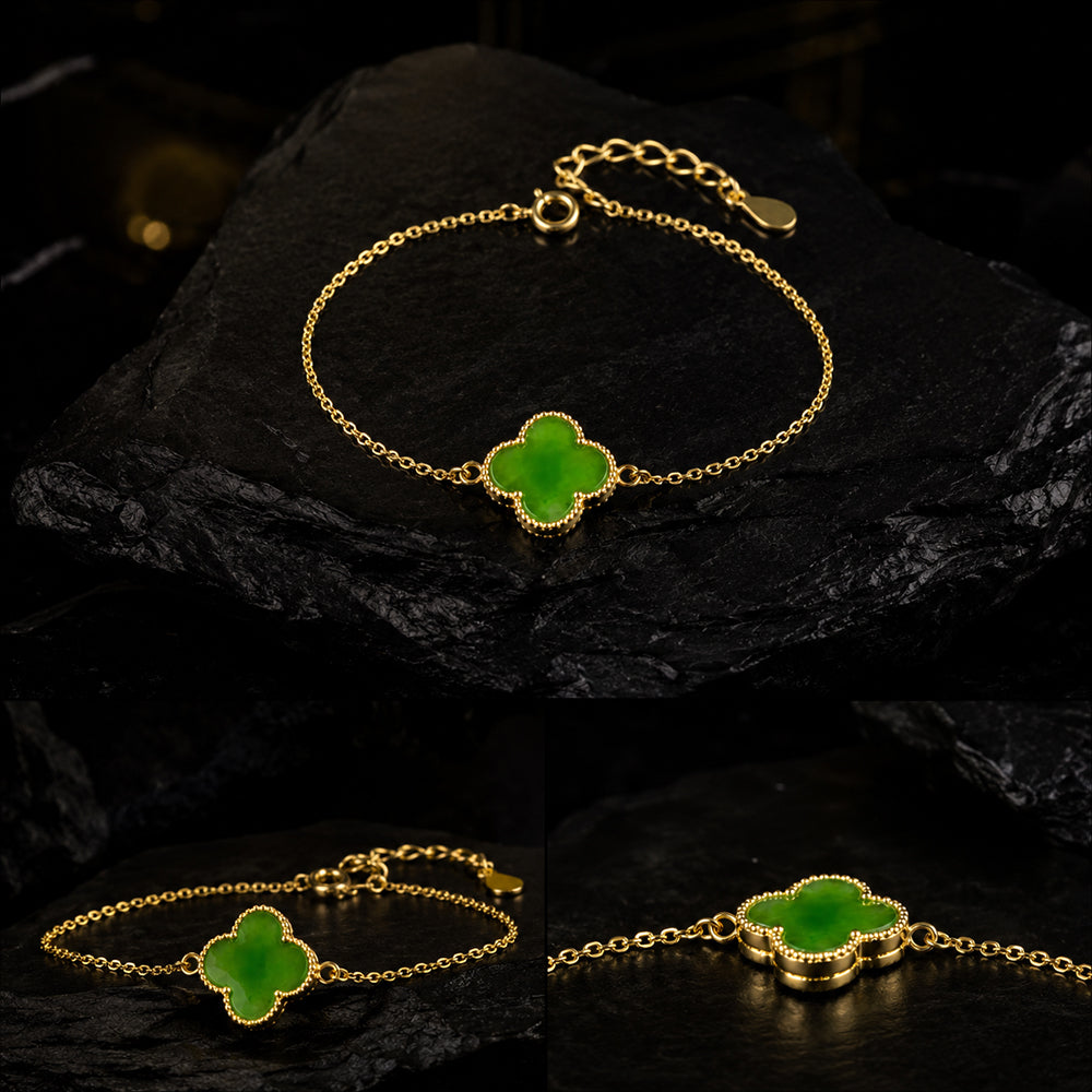 Vivid Green Jade Clover Bracelet in Gold-Plated S925 Silver