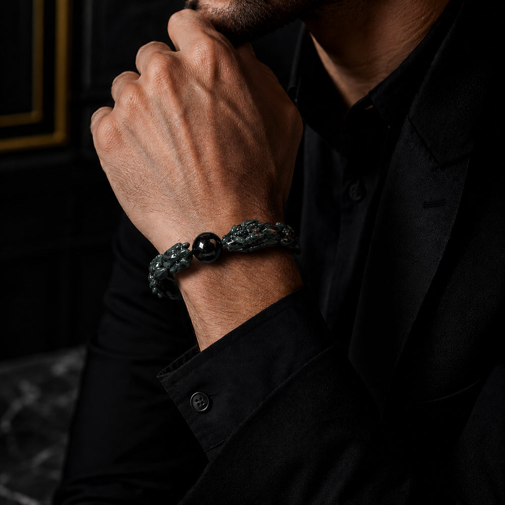 Natural Burmese Black Chicken Jadeite Dragon Bone Bracelet for Men