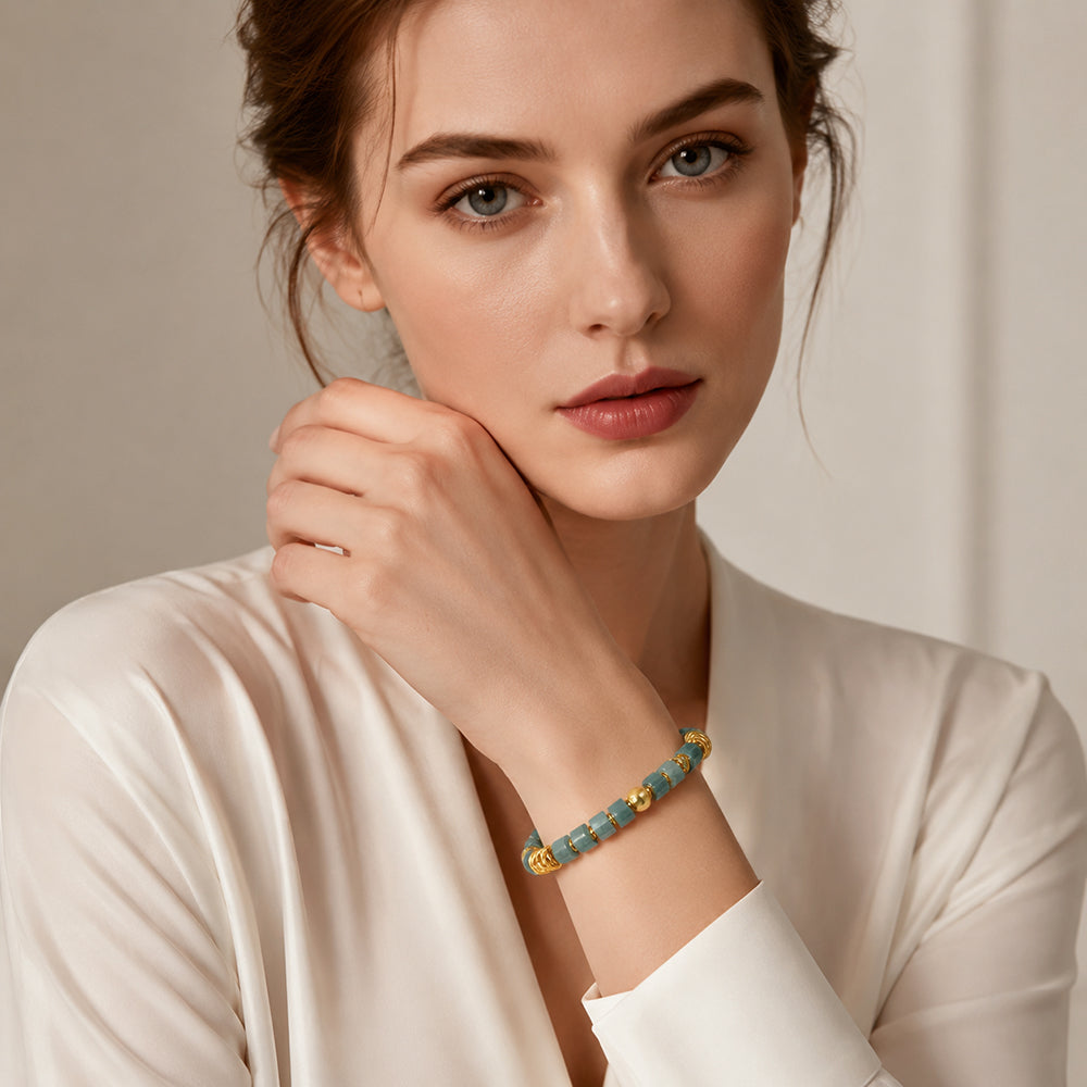 Unisex Blue Green Jadeite Bracelet with Gold Accents