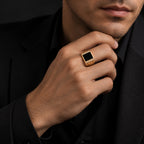 Men's Black Jadeite Signet Ring, Gold-Plated S925 Silver, Adjustable