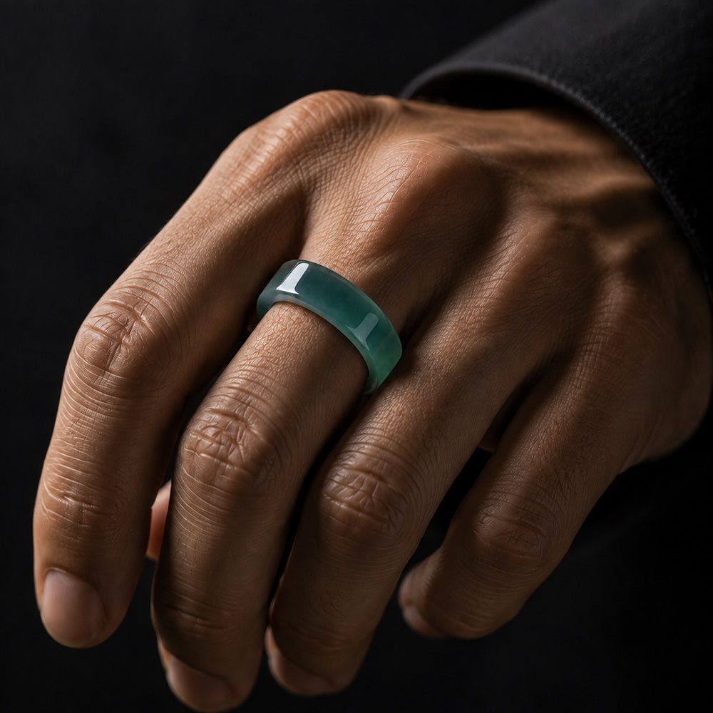 Natural Blue-Green Jadeite Ring for Men – Solid Wide Jade Band