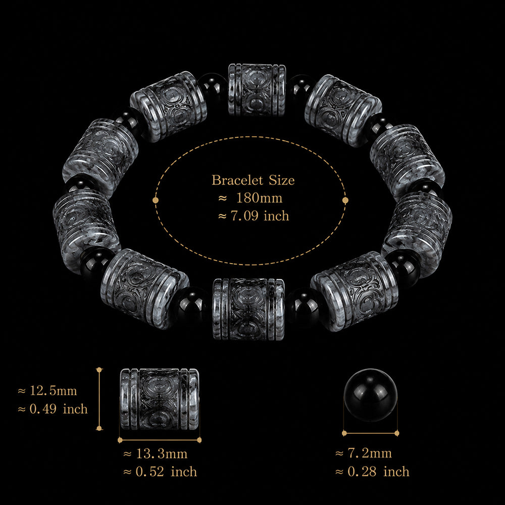 Natural Black Jadeite Carved Barrel Bead Bracelet for Men