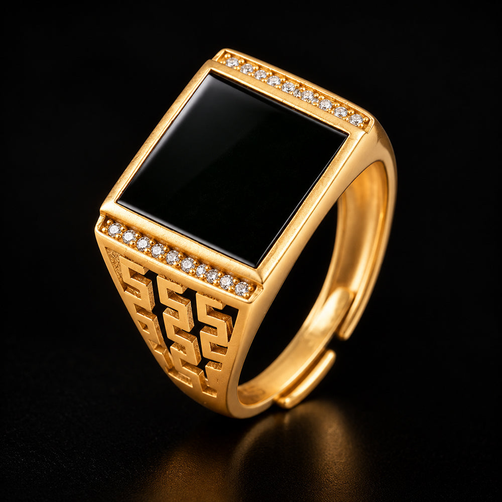 Men's Black Jadeite Signet Ring, Gold-Plated S925 Silver, Adjustable