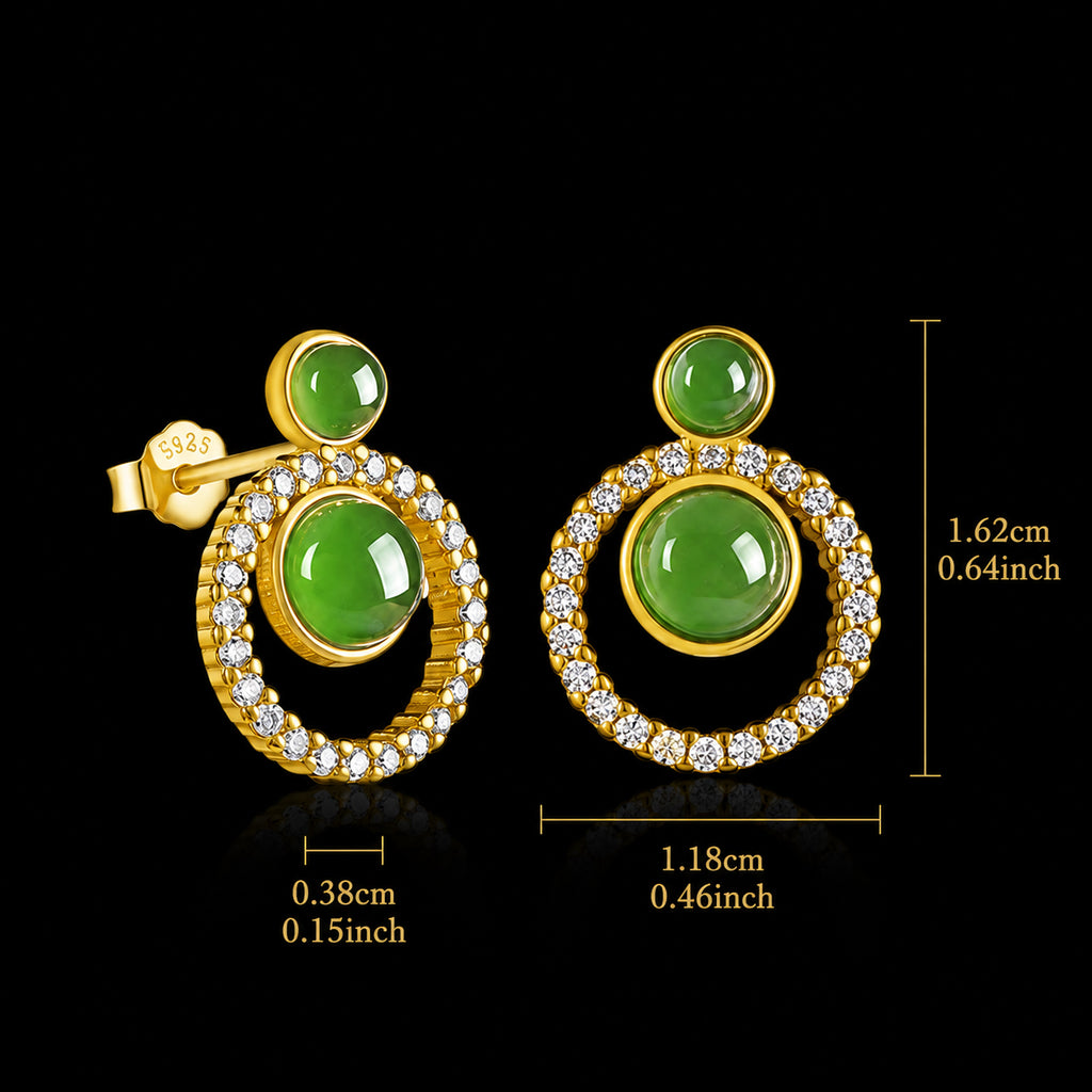 Green Jade Circle Stud Earrings in Gold Plated S925 Silver