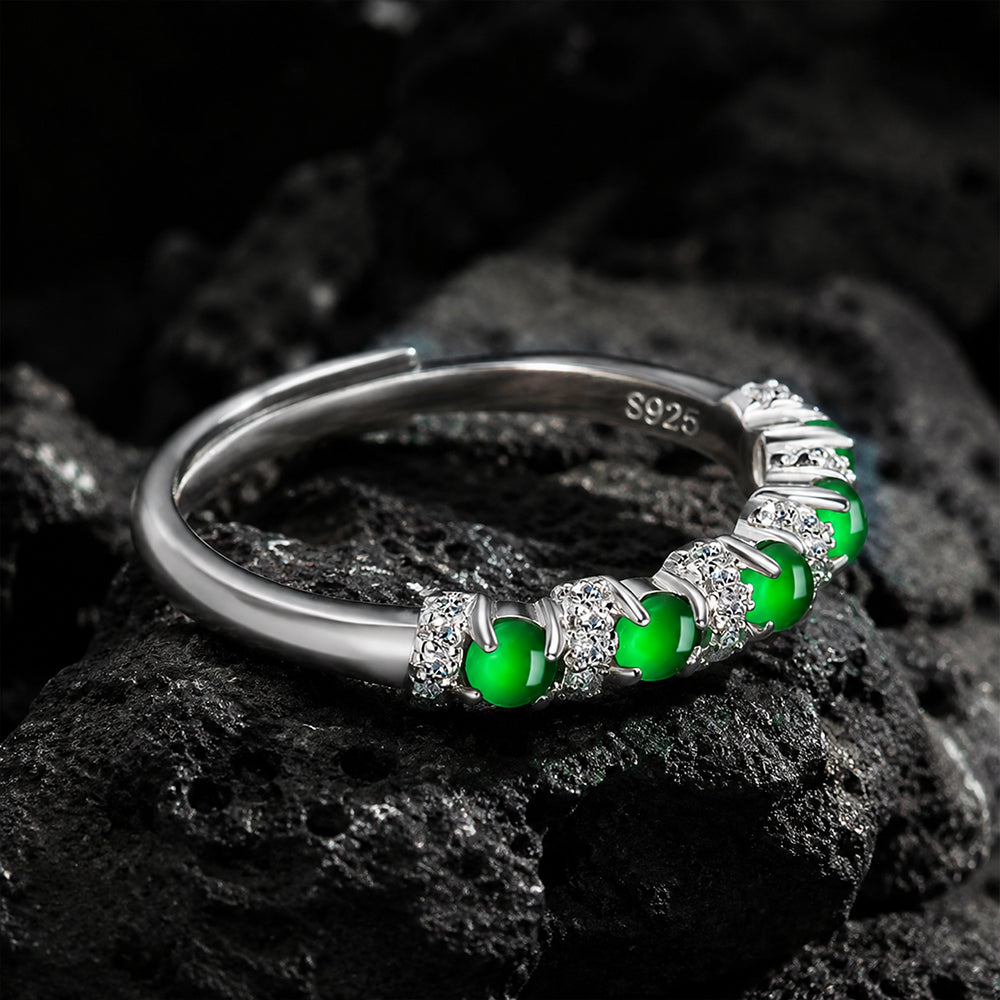 Natural Green Jadeite Eternity Band Ring S925 Silver – Adjustable Multi Stone Jade Ring