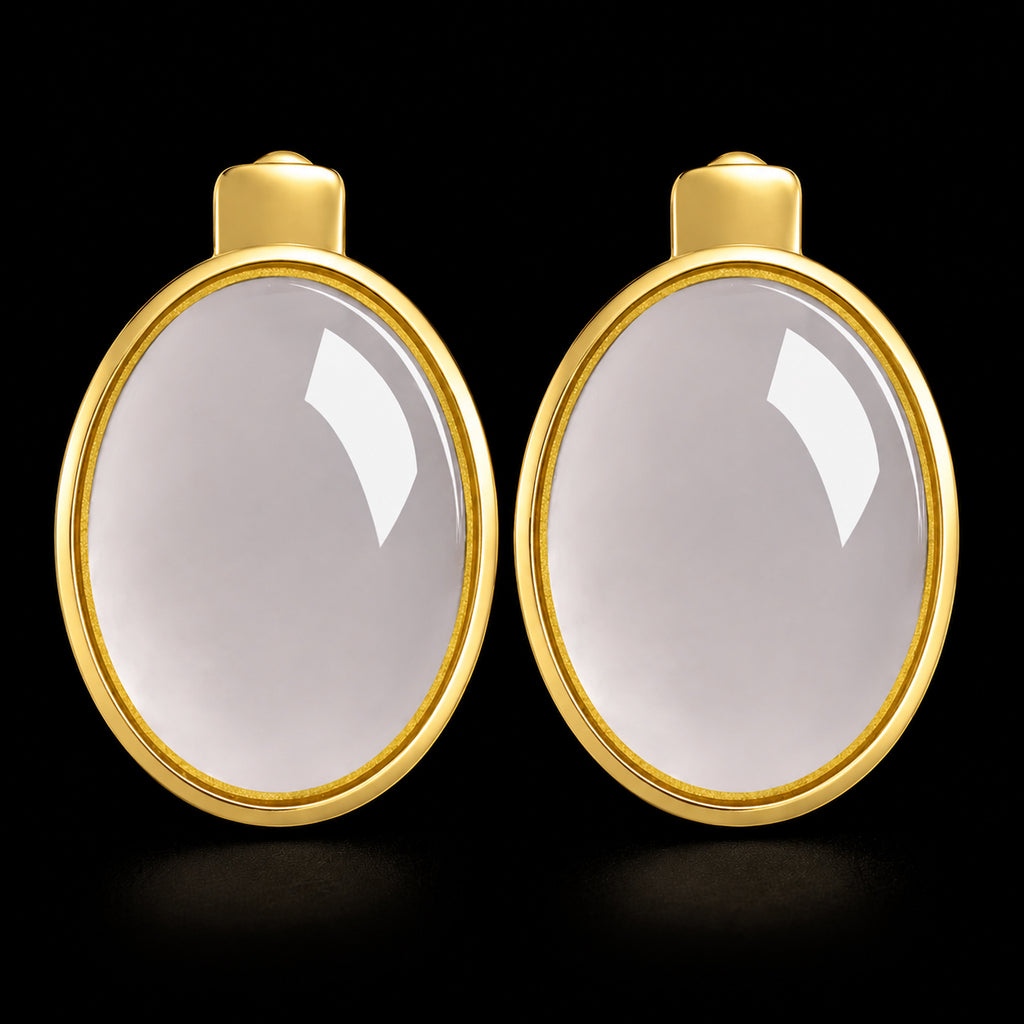 Lavender white oval jade earrings with gold plated silver setting