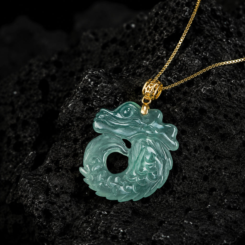 Natural Blue Jadeite Dragon Fish Pendant Necklace, 18K Gold Bail, 925 Sterling Silver Chain 46cm