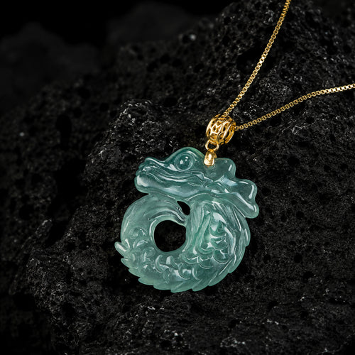Blue-Green Jadeite Dragon Fish Pendant Necklace with 18K Gold Bail