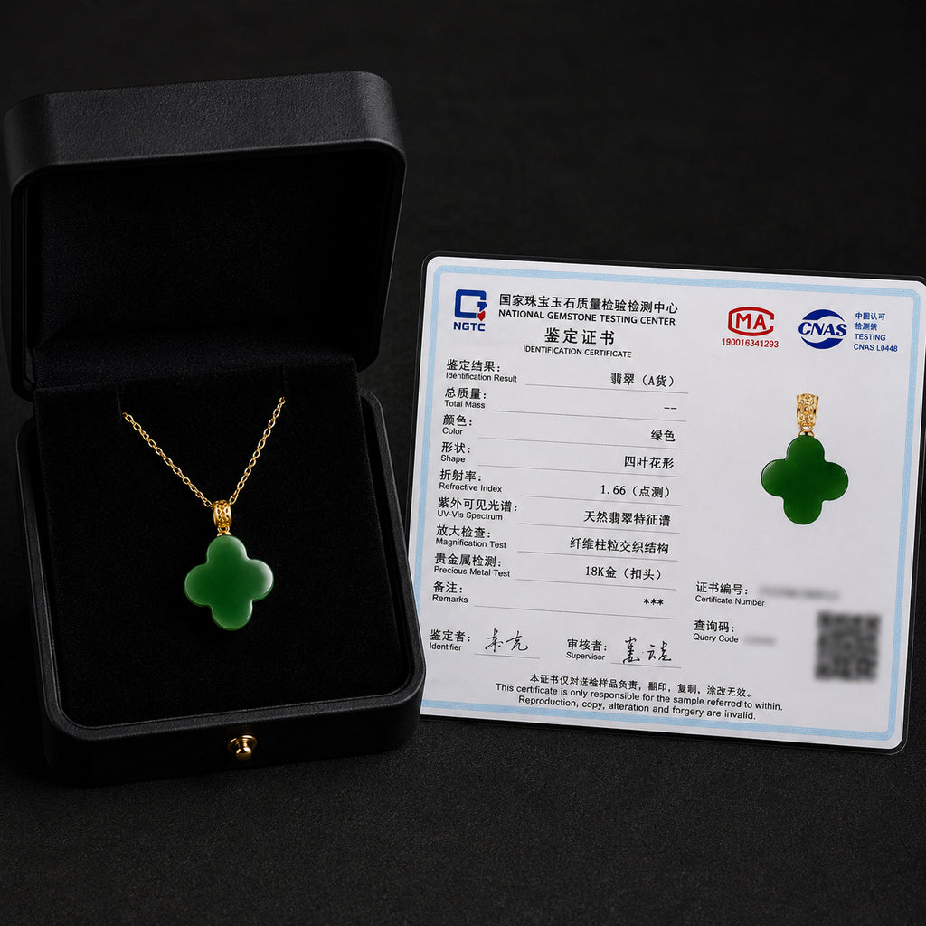 Real Green Jade Four-Leaf Clover Pendant Necklace – 925 Silver Chain 46CM with 18K Gold Clasp, Lucky Jewelry