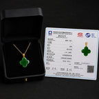 Real Green Jade Four-Leaf Clover Pendant Necklace – 925 Silver Chain 46CM with 18K Gold Clasp, Lucky Jewelry