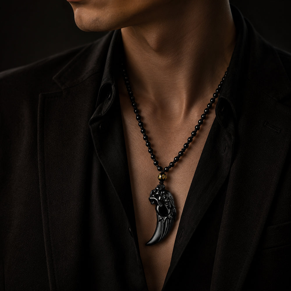Natural Black Jadeite Dragon Fang Pendant Necklace for Men