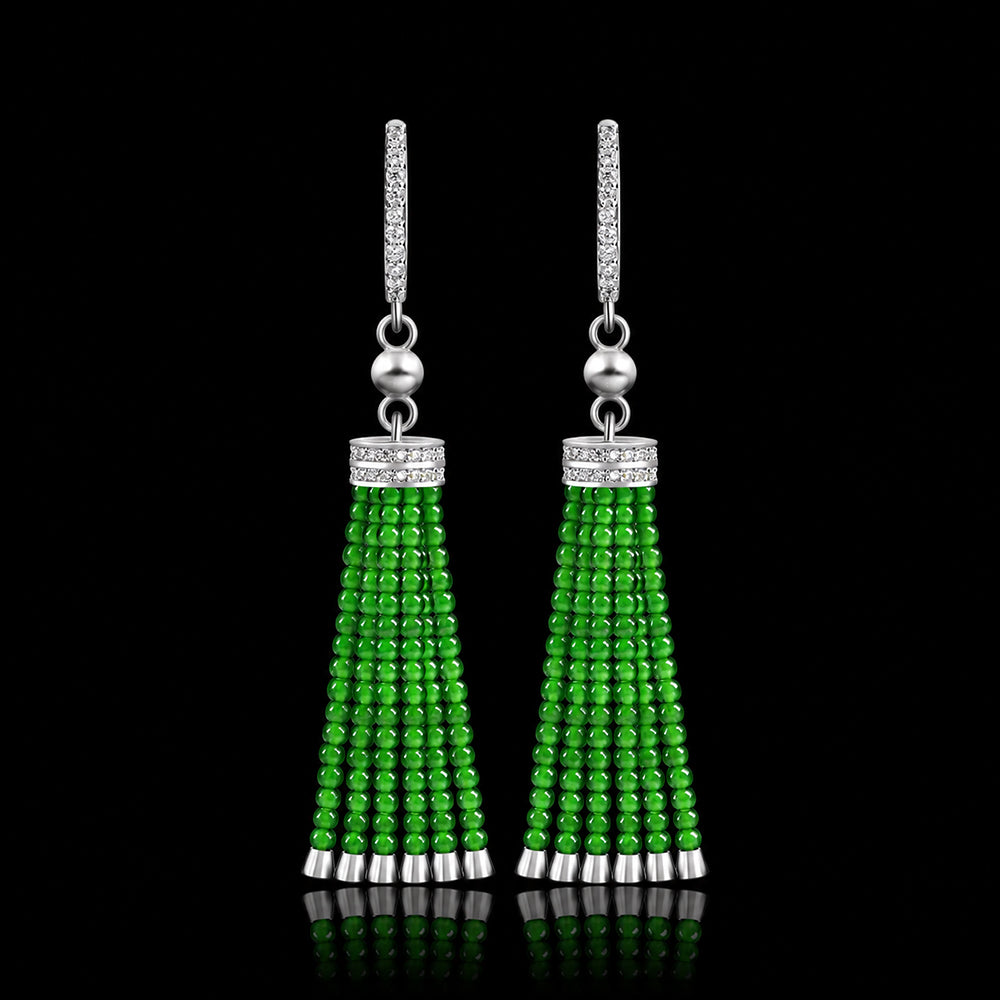 Natural Green Jadeite Tassel Earrings in S925 Silver for Women