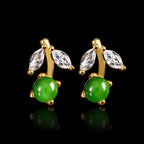 Cherry Green Jadeite Jade Stud Earrings, Gold