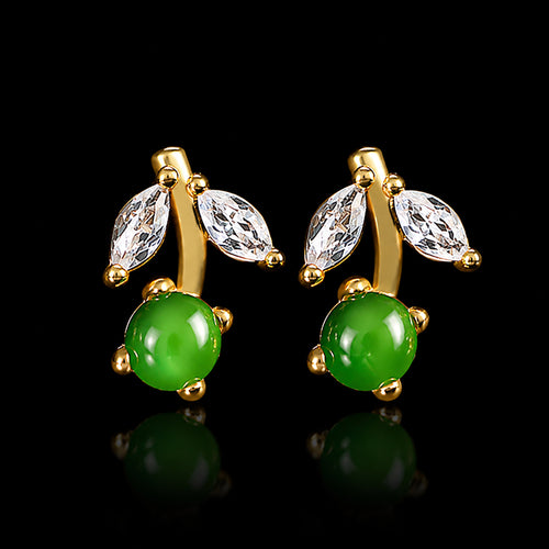 Cherry Green Jadeite Jade Stud Earrings, Gold