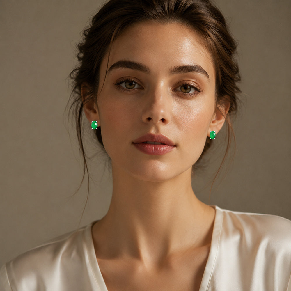 Natural Green Jadeite Oval Stud Earrings S925 Silver