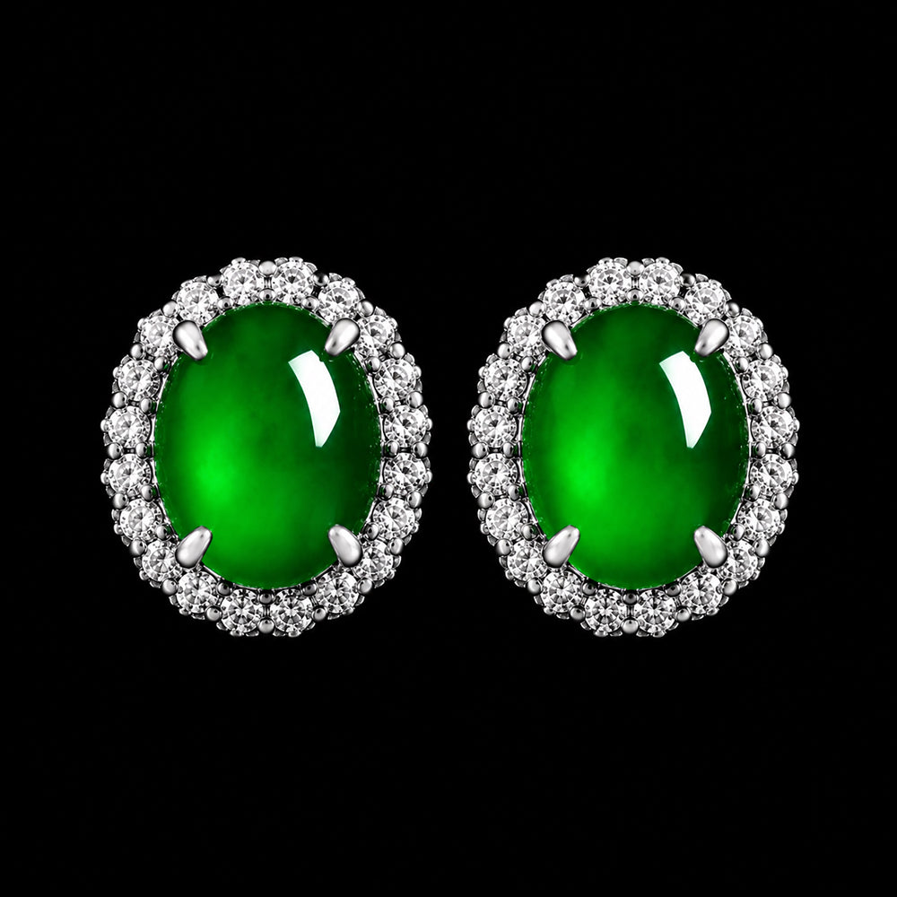 Natural Green Jadeite Oval Halo Stud Earrings