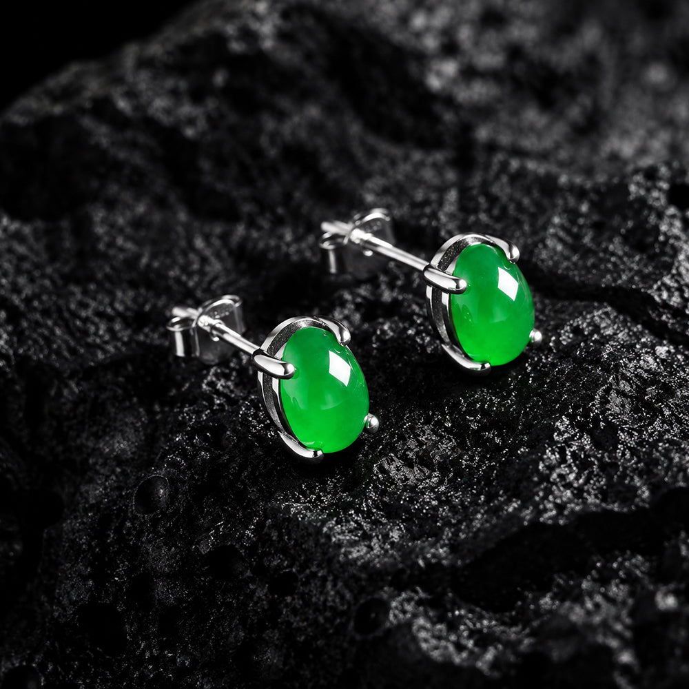 Natural Green Jadeite Oval Stud Earrings S925 Silver