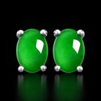 Natural Green Jadeite Oval Stud Earrings S925 Silver