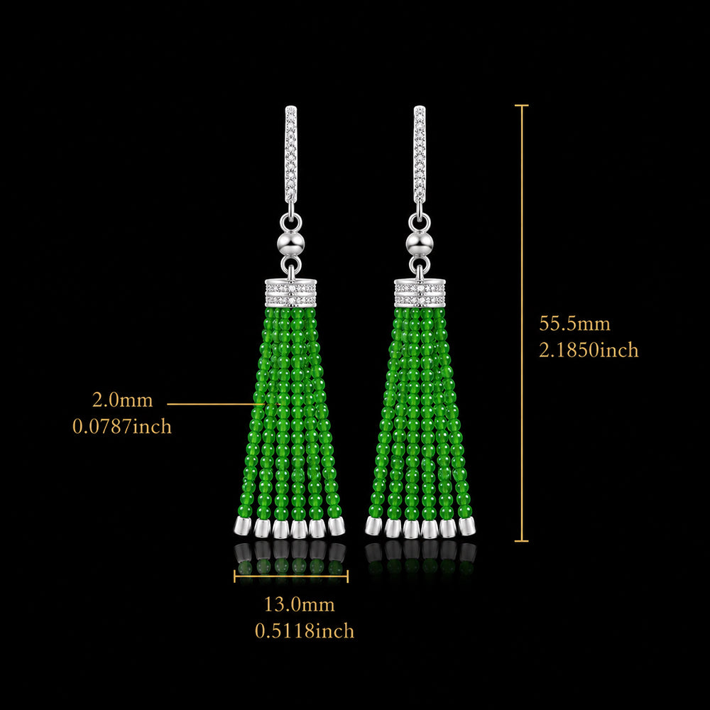 Natural Green Jadeite Tassel Earrings in S925 Silver for Women