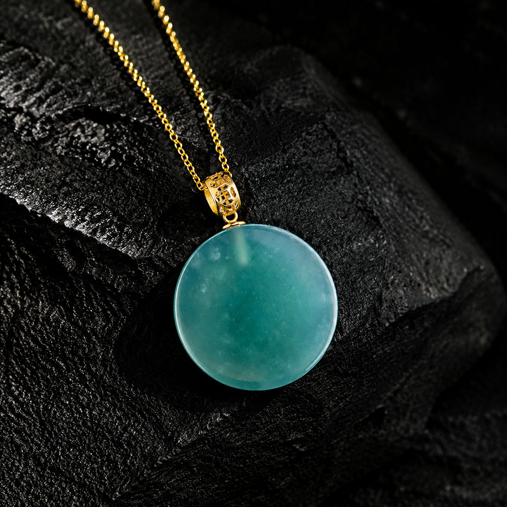 Natural Blue Green Jadeite Round Pendant Necklace 18K Gold Bail S925 Silver Chain