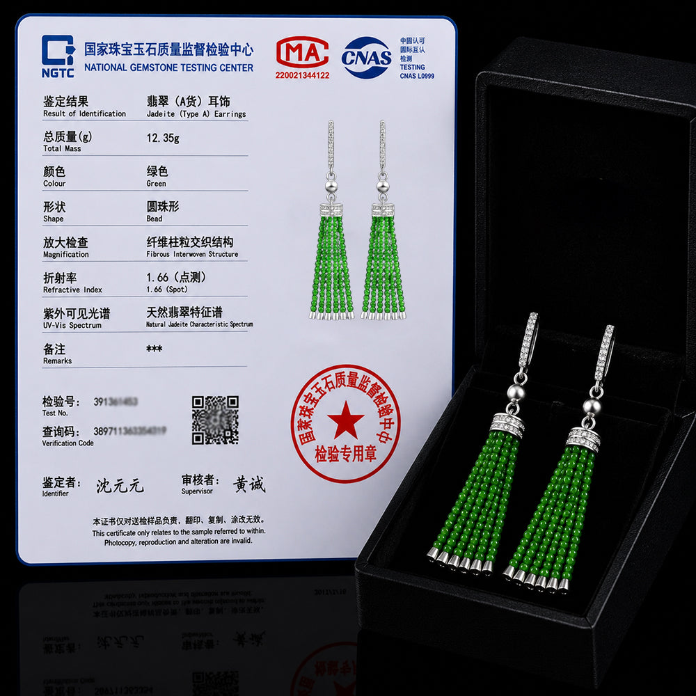 Natural Green Jadeite Tassel Earrings in S925 Silver for Women