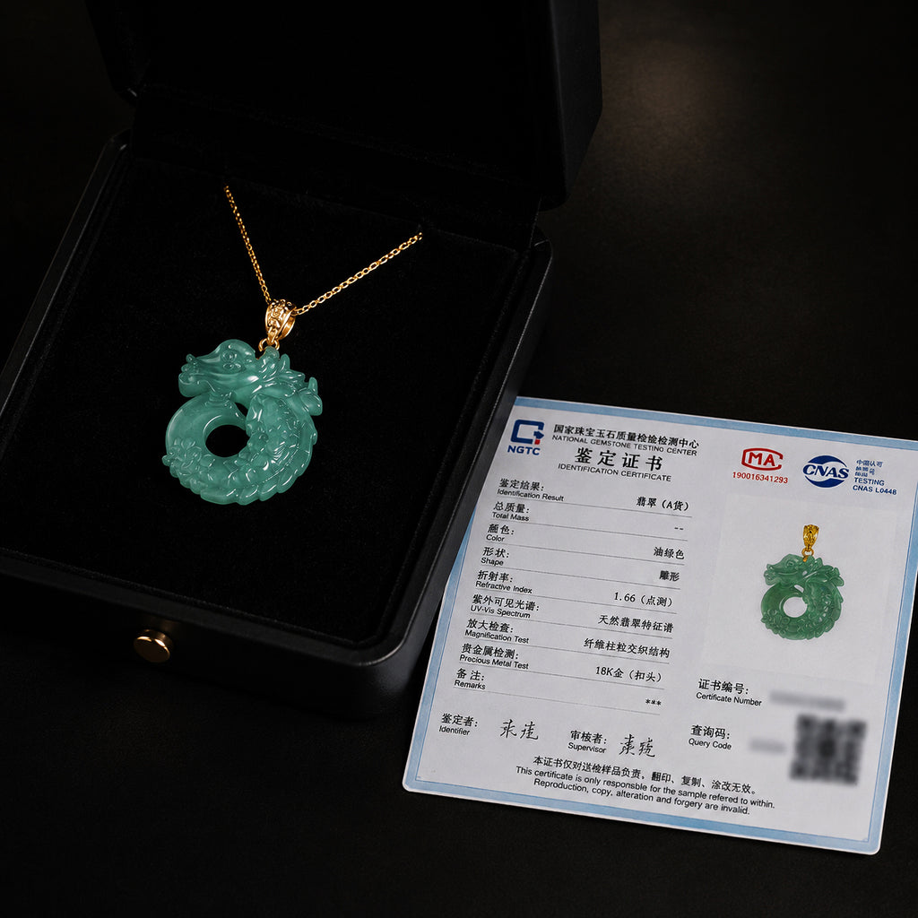 Natural Blue Jadeite Dragon Fish Pendant Necklace, 18K Gold Bail, 925 Sterling Silver Chain 46cm