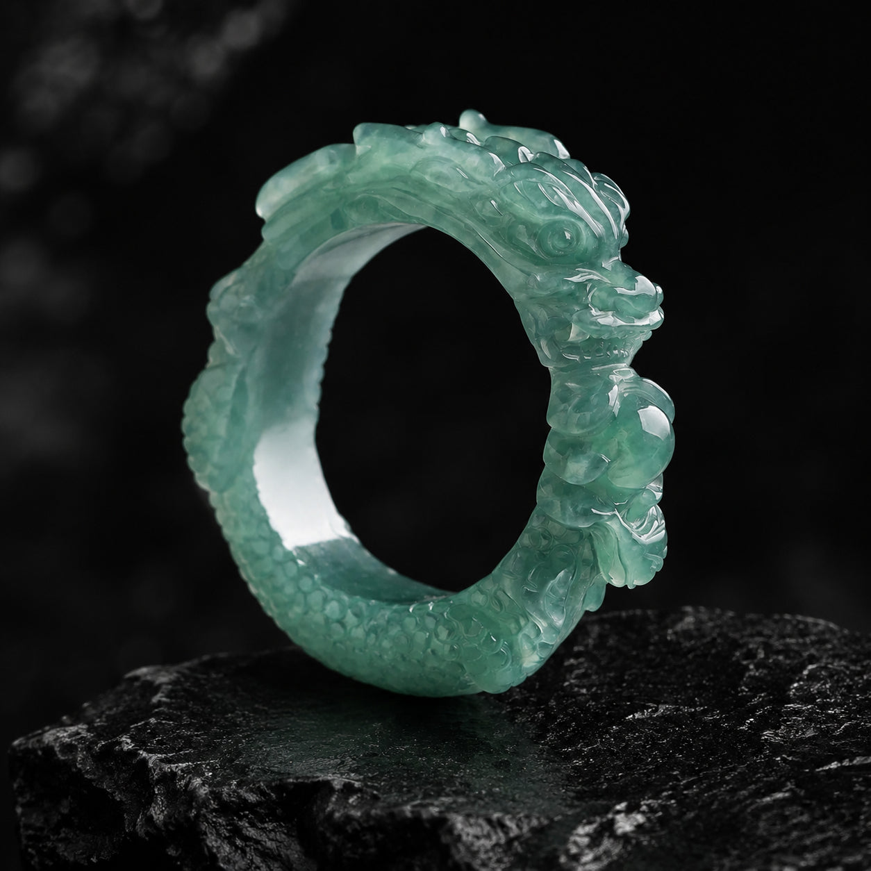 Natural Blue Jadeite Hand-Carved Dragon Ring for Men