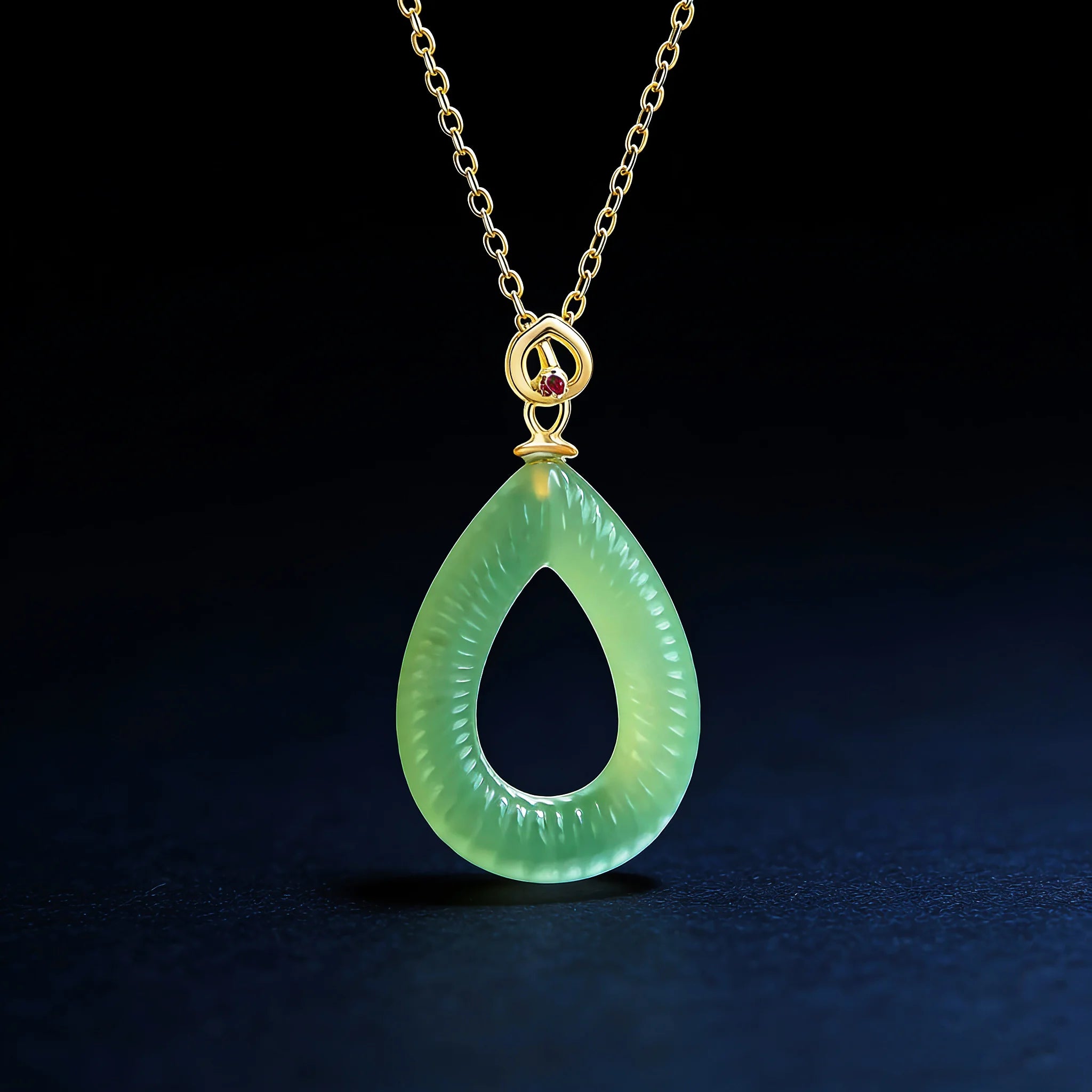Natural Burmese Jade Feng Shui Ripple Teardrop Necklace for Women – S925 Silver